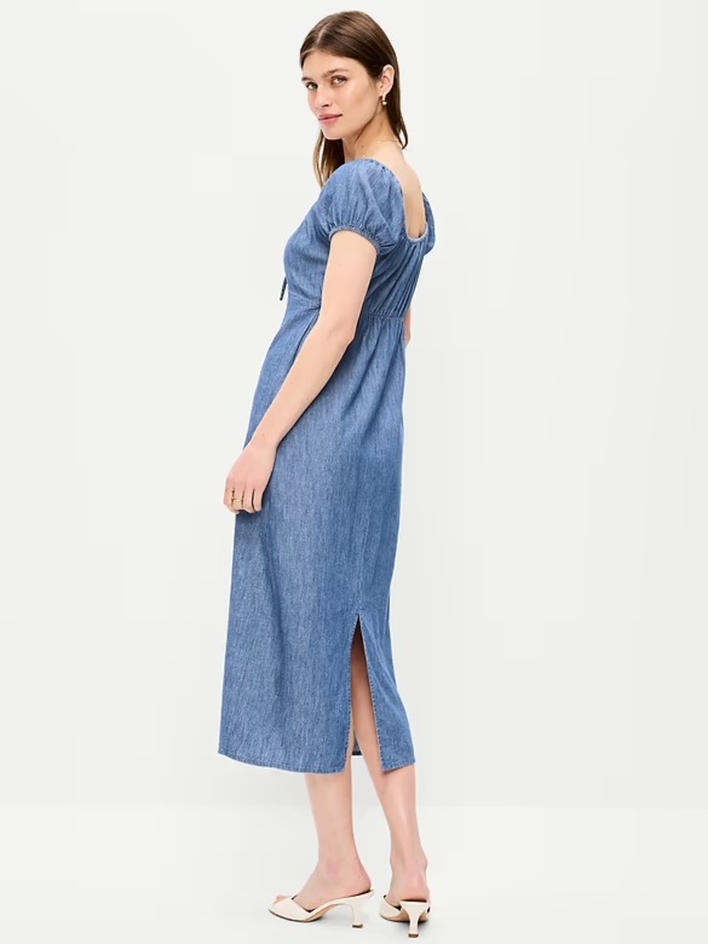 Old Navy Chambray Midi Dress with Puff Sleeves - Blue - Picture 2 of 3